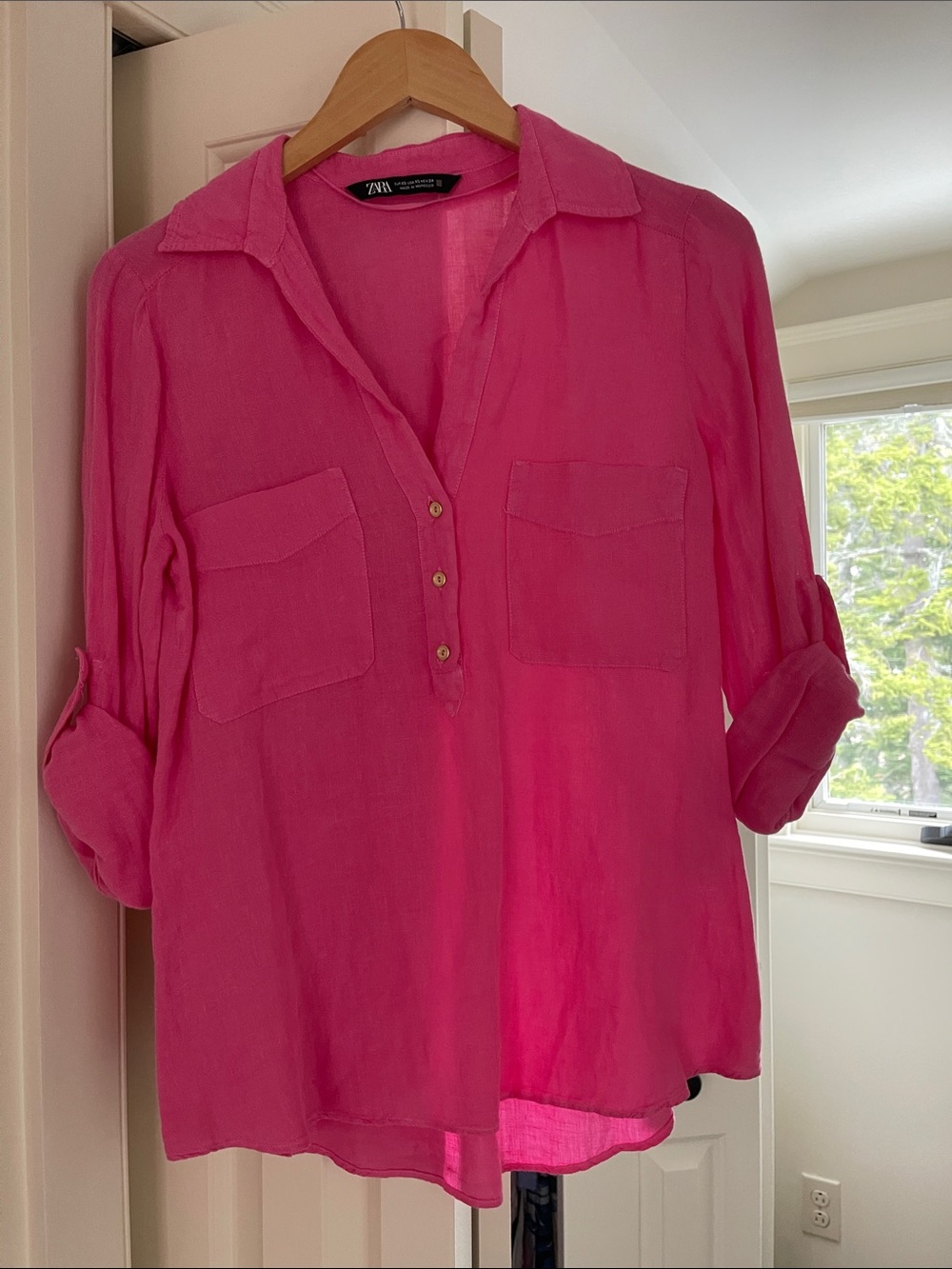Zara Hot Pink Long Sleeve Button-Trim Pocket Blouse